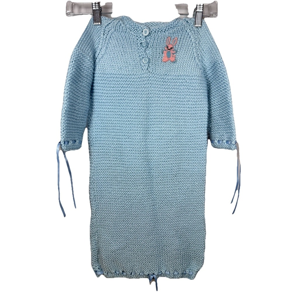 Vintage Baby Blue Hand Knit Bunny Gown Sleeper Newborn Infant Dainty